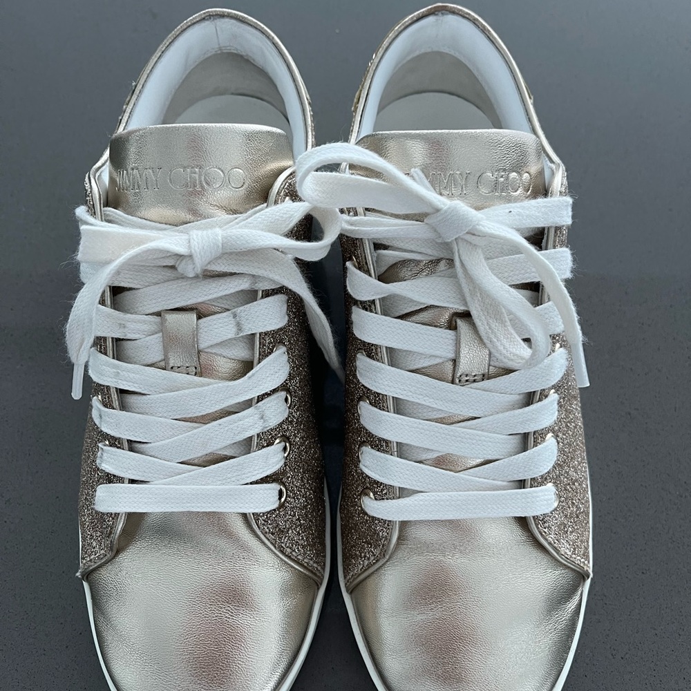 Jimmy Choo Gold and White Low-Top Sneakers